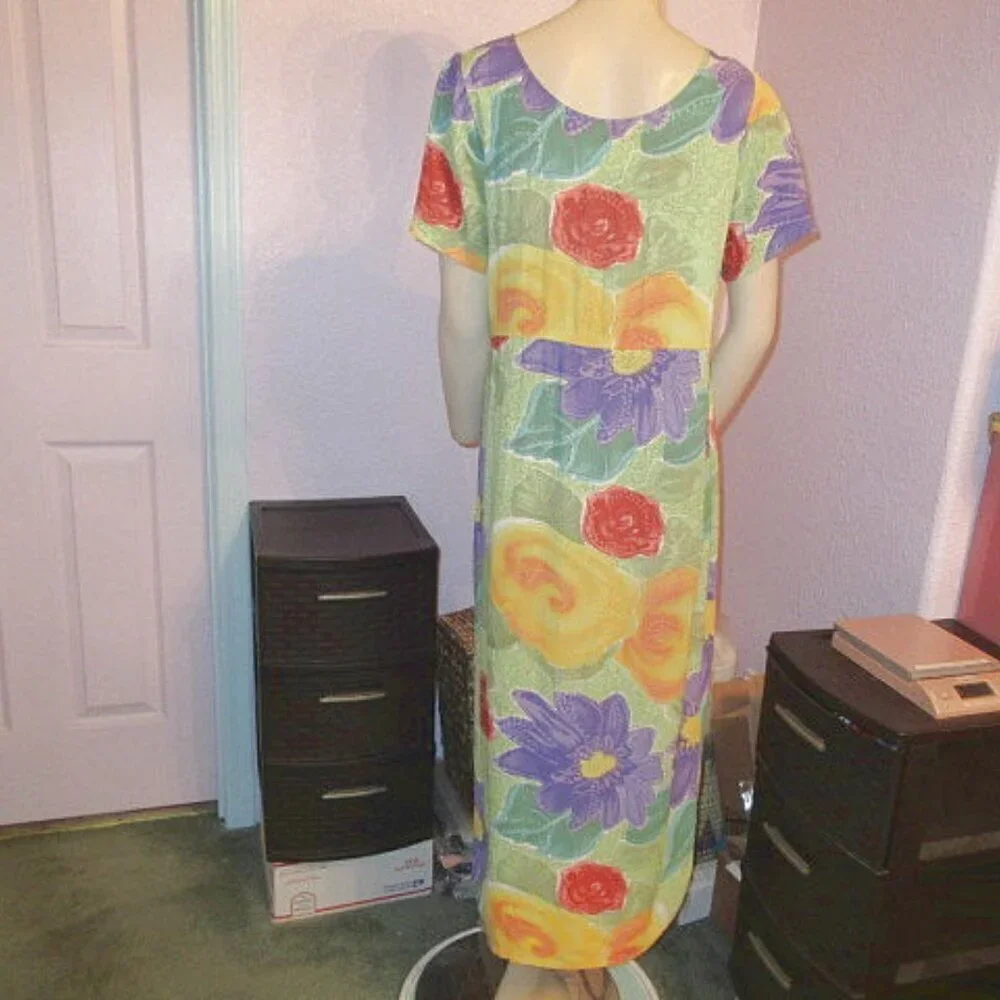 Vtg Jams World Midi Dress Size S Pockets Floral Hawaiian Aloha Art Print Violare